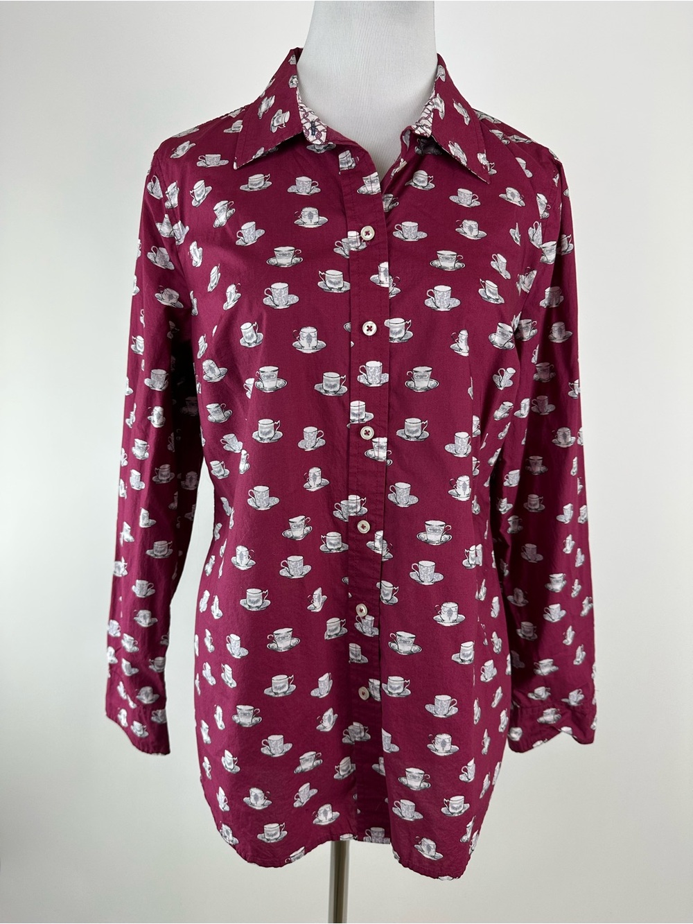 Talbots Teacup Print Cotton Button Down Shirt Size Medium